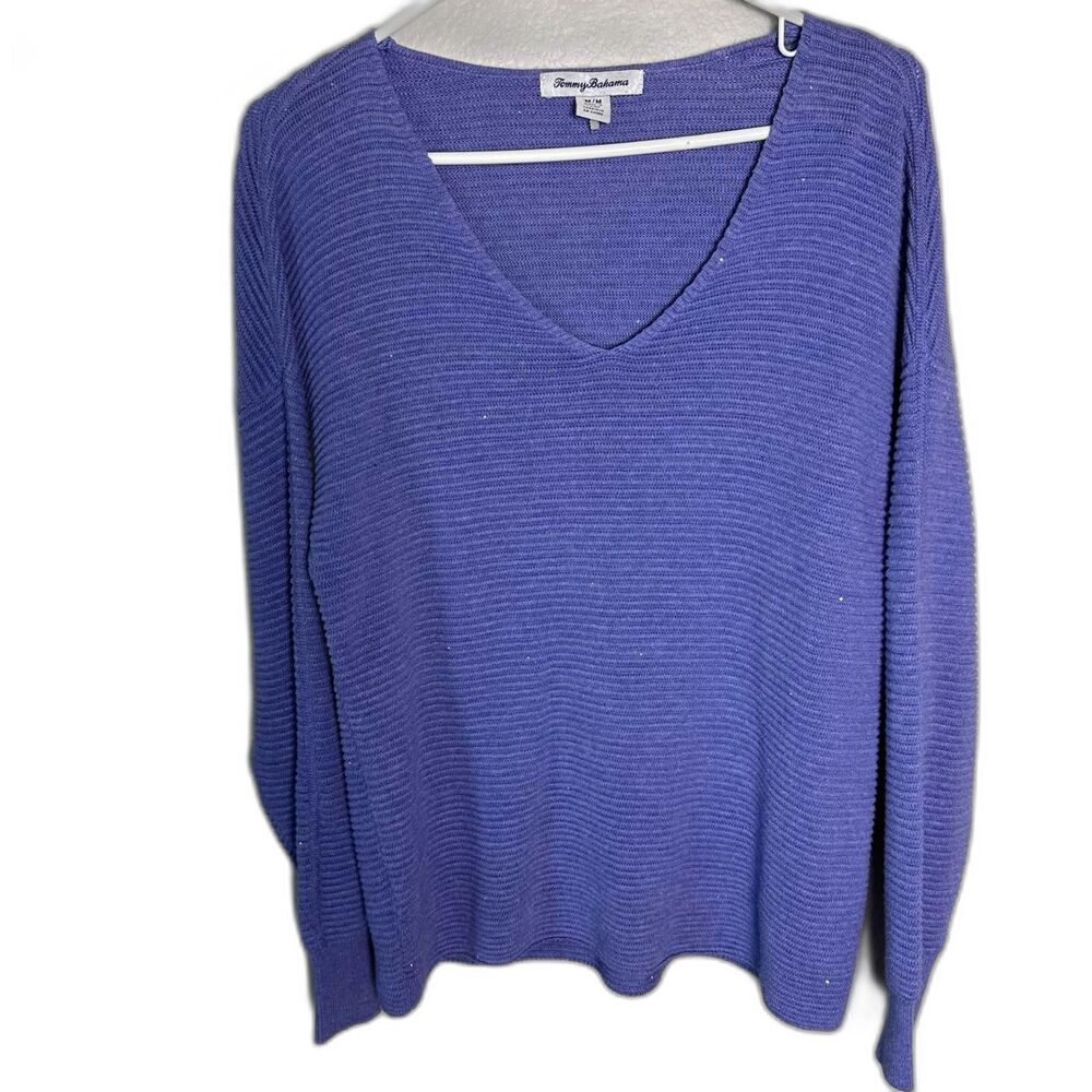 Tommy Bahama V-Neck Ribbed Shimmer Knit Sweater Purple Medium Cotton Blend